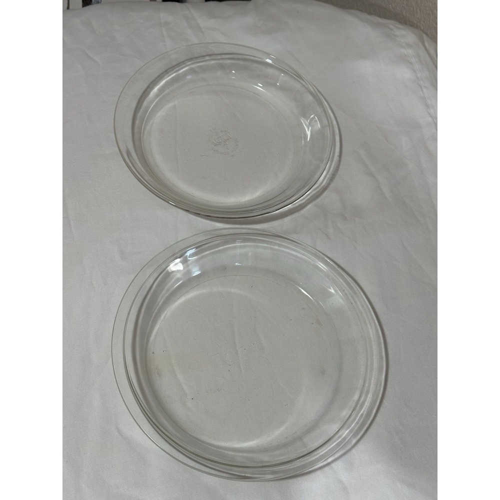2 Vintage Fire King Clear Glass Philbe Pie Plates 9" Dish Anchor Hocking USA